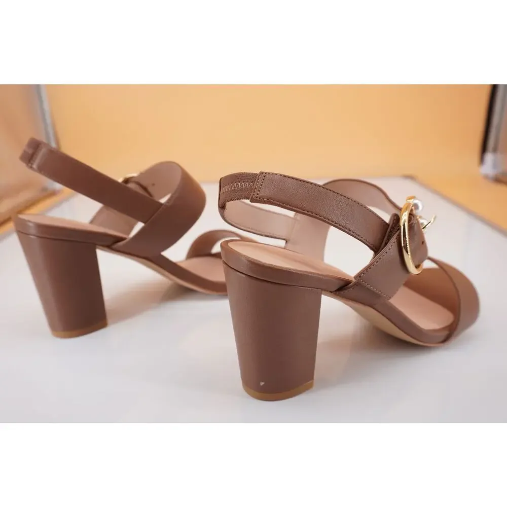 Stuart Weitzman Pearlring 75 mm Block Heel Buckle Sandal SZ 5.5 Camel NIB $495